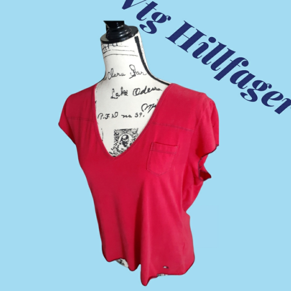 Vtg Tommy Jeans Red blue sz xl Womens top with pocket Hilfiger Shirt